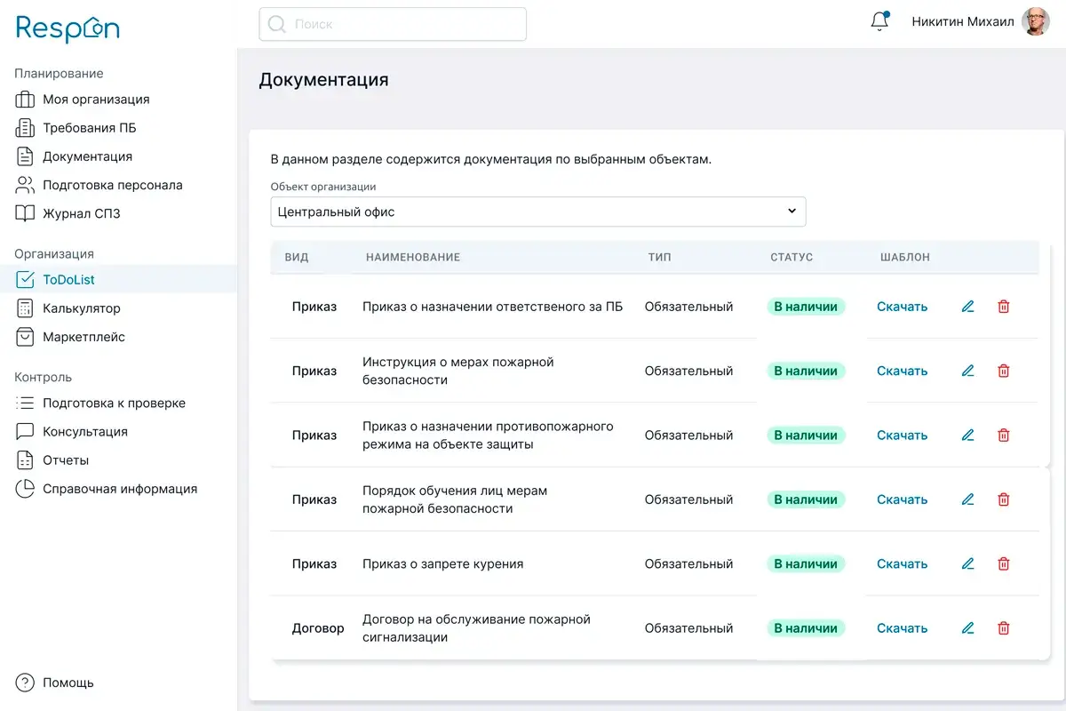 Готовый комплект документов с Respon